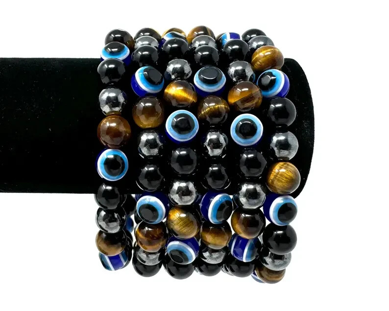 Evil Eye Triple Protection Bracelet – Gold Tiger Eye, Black Obsidian, & Hematite