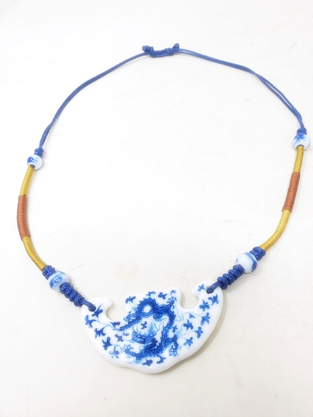 Porcelain Blue White Chinese Dragon Pendant Necklace Adjustable Length Ceramic