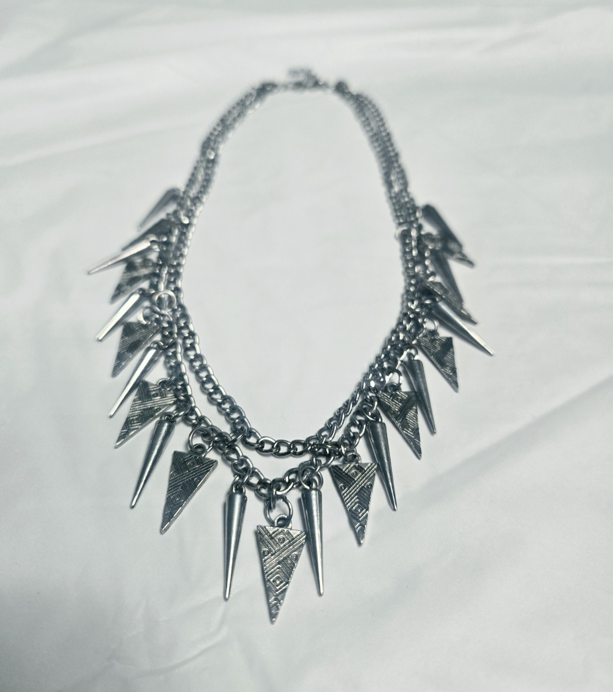 Silver Statement Collar Double Cable Chain Triangle Spike Pendant Necklace