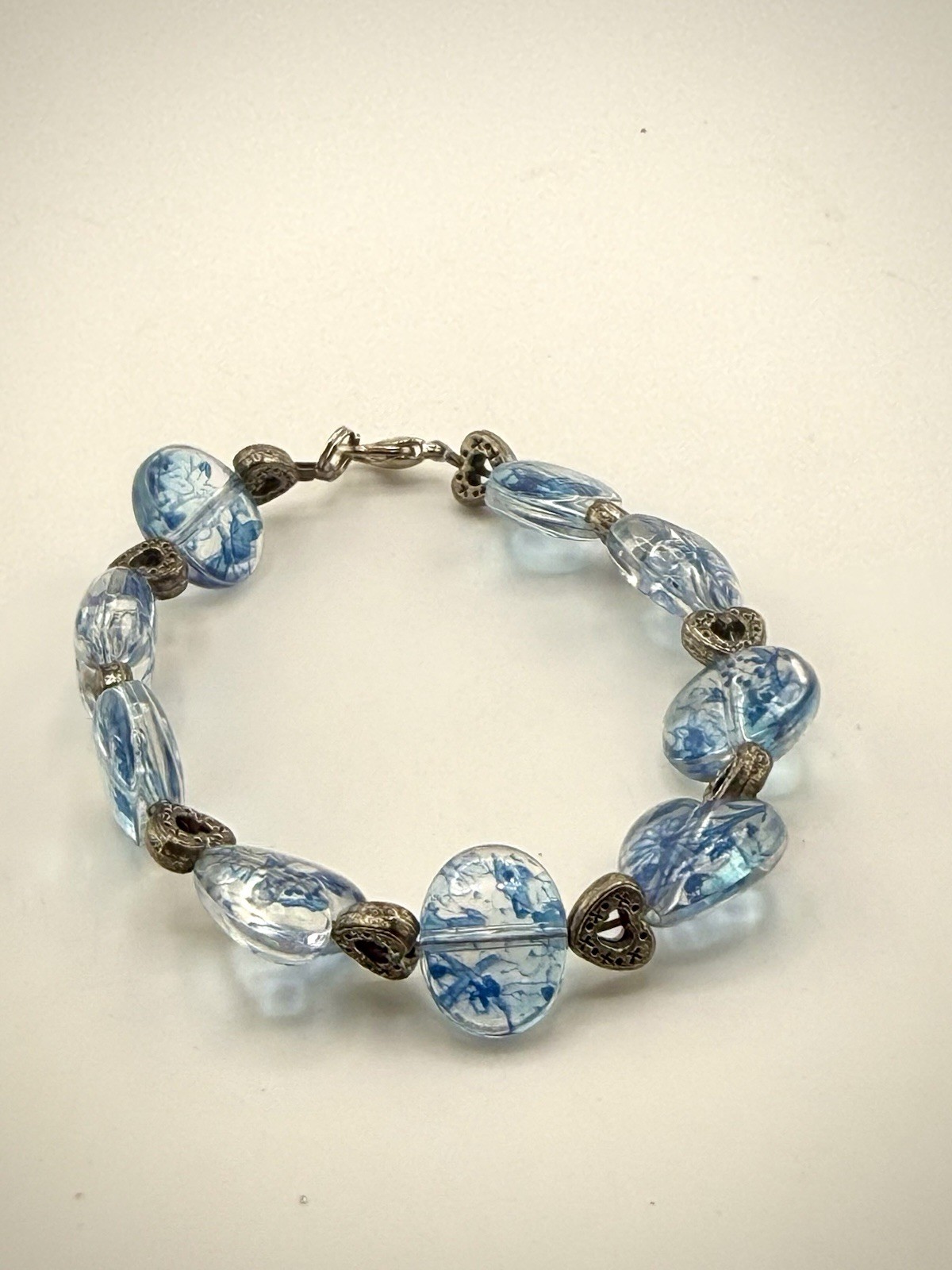 Sliver Tone Lamp Work Glass blue Beads Bracelet Item B-103