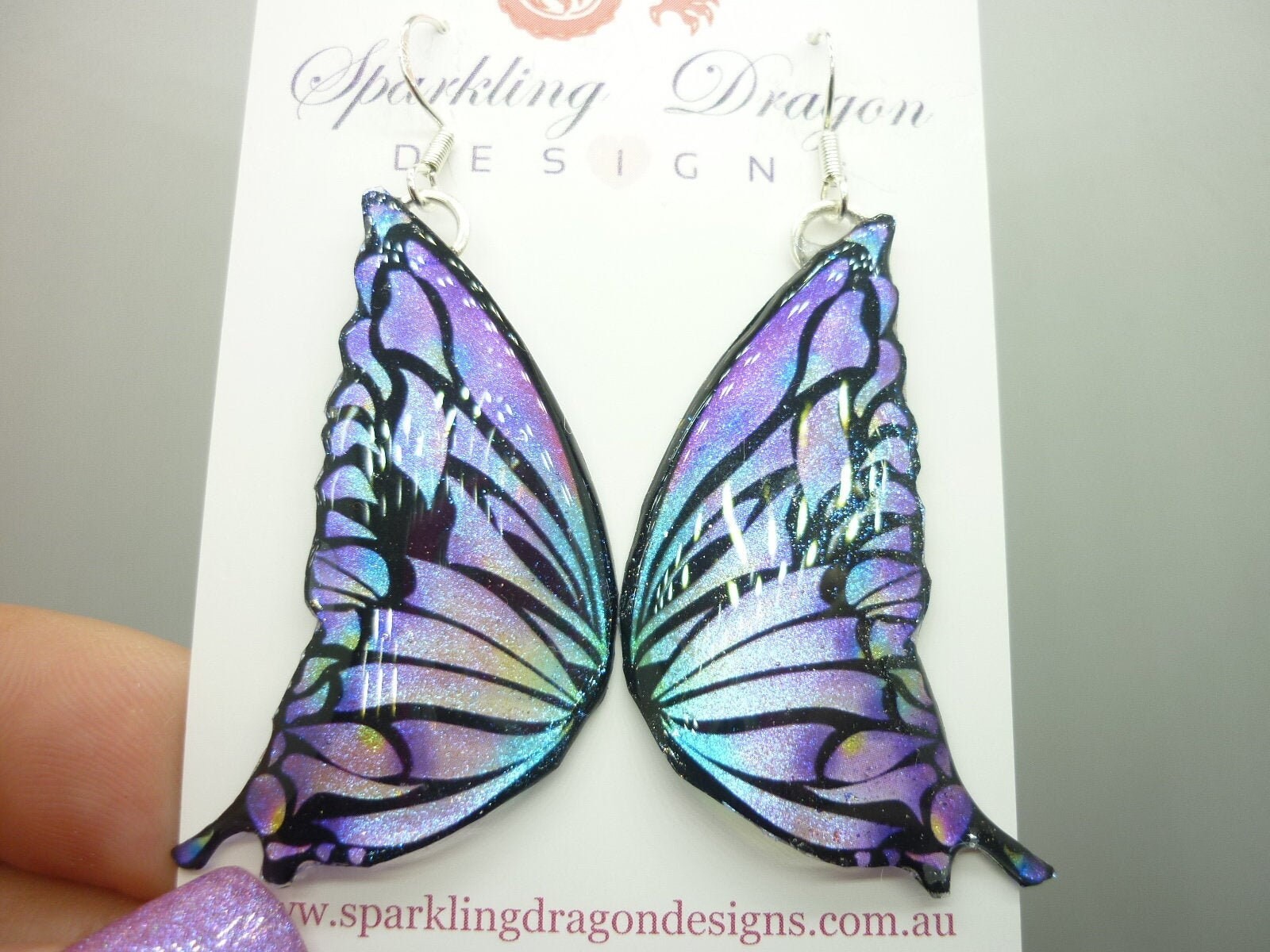 Butterfly Wing Earrings Purple Stained Glass- Fairy Jewellery, Fun Gift for her