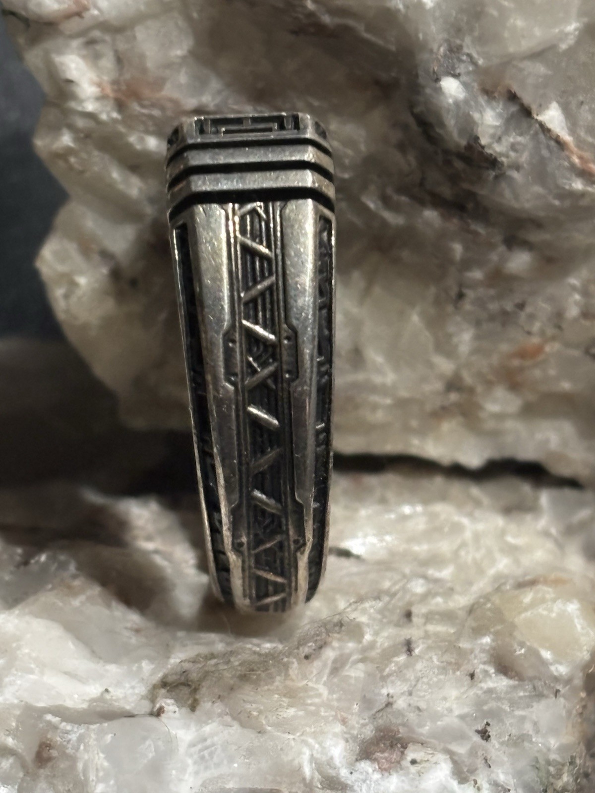 Silver Tone Size 12.5 Signet Band Ring with Geometric Patterned Band