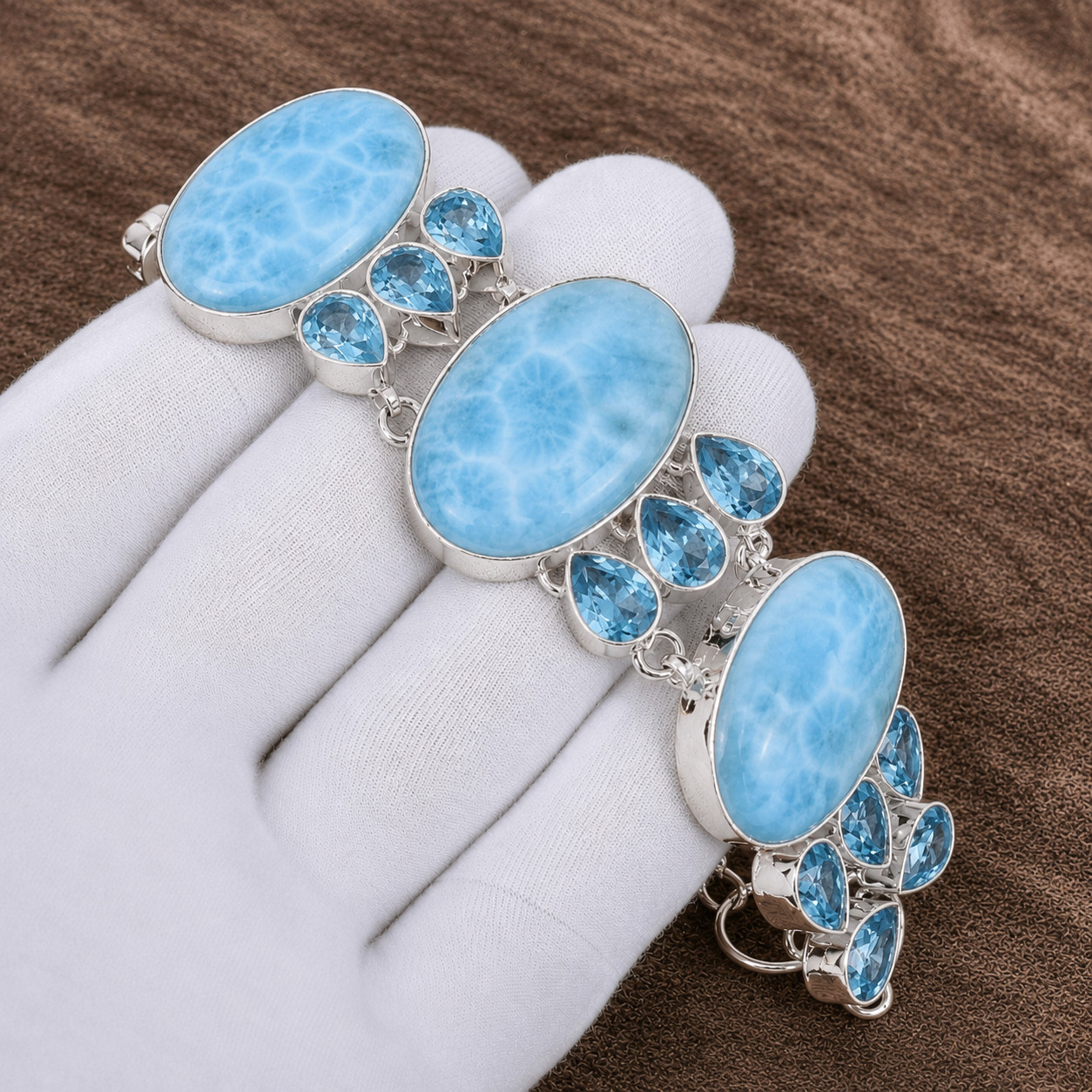 Larimar, Blue Topaz 925 Sterling Silver Statement Bracelet Women Handmade Gift
