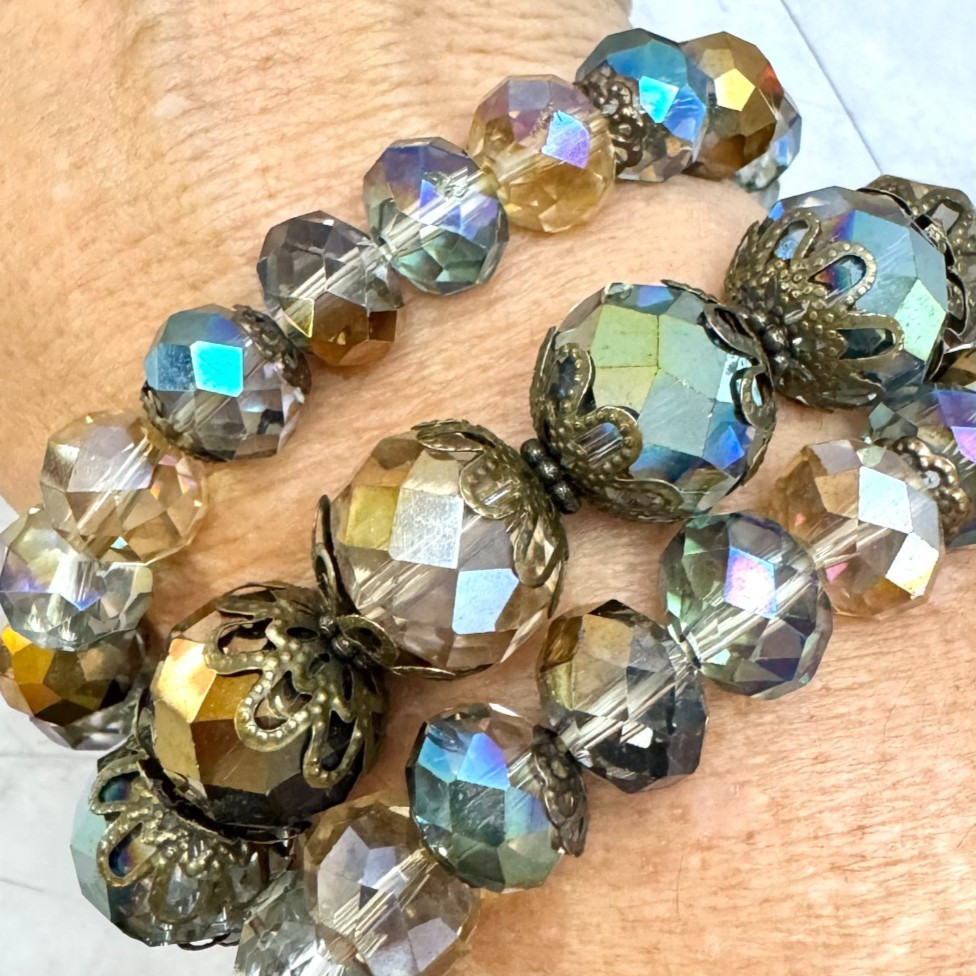 Set of 3 Aurora Borealis Stretch Bracelets Faceted Glass AB Beads Slip On