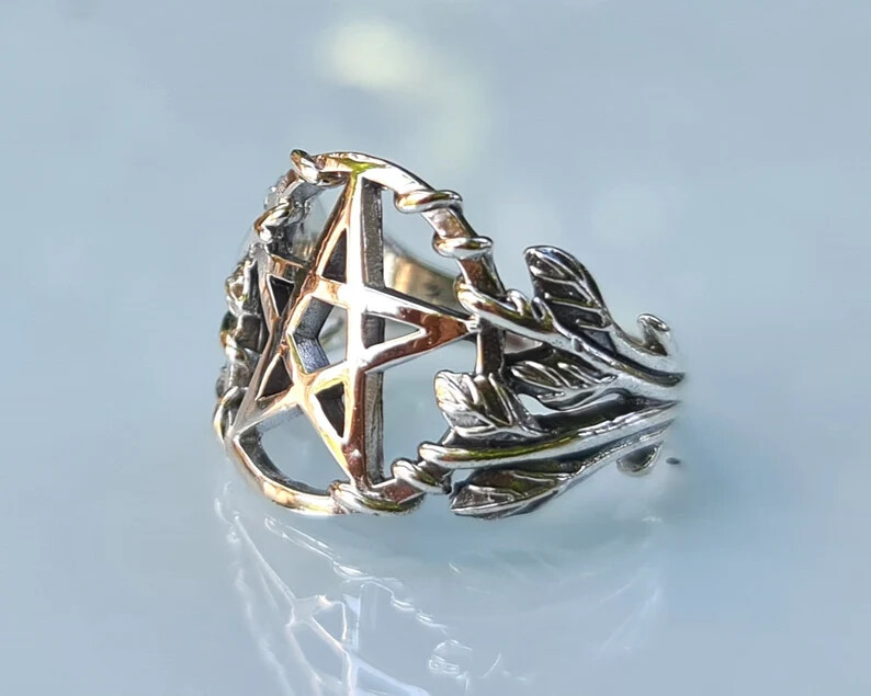 Pentagram Ring STERLING SILVER 925 Floral Pentacle Sacred Symbol 5 pointed star