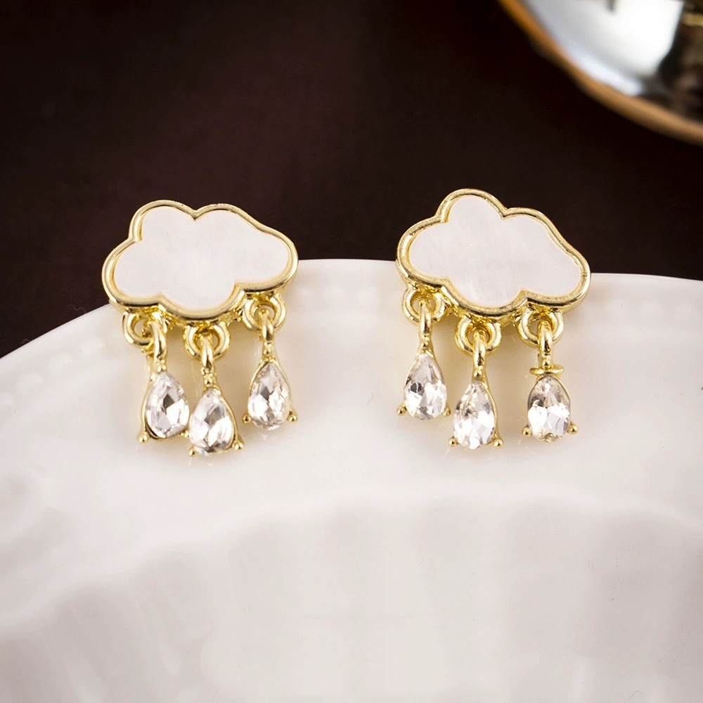 Pretty White Enamel Cloud Tears Zircon Tassel Hanging Gold-plated Drop Earrings