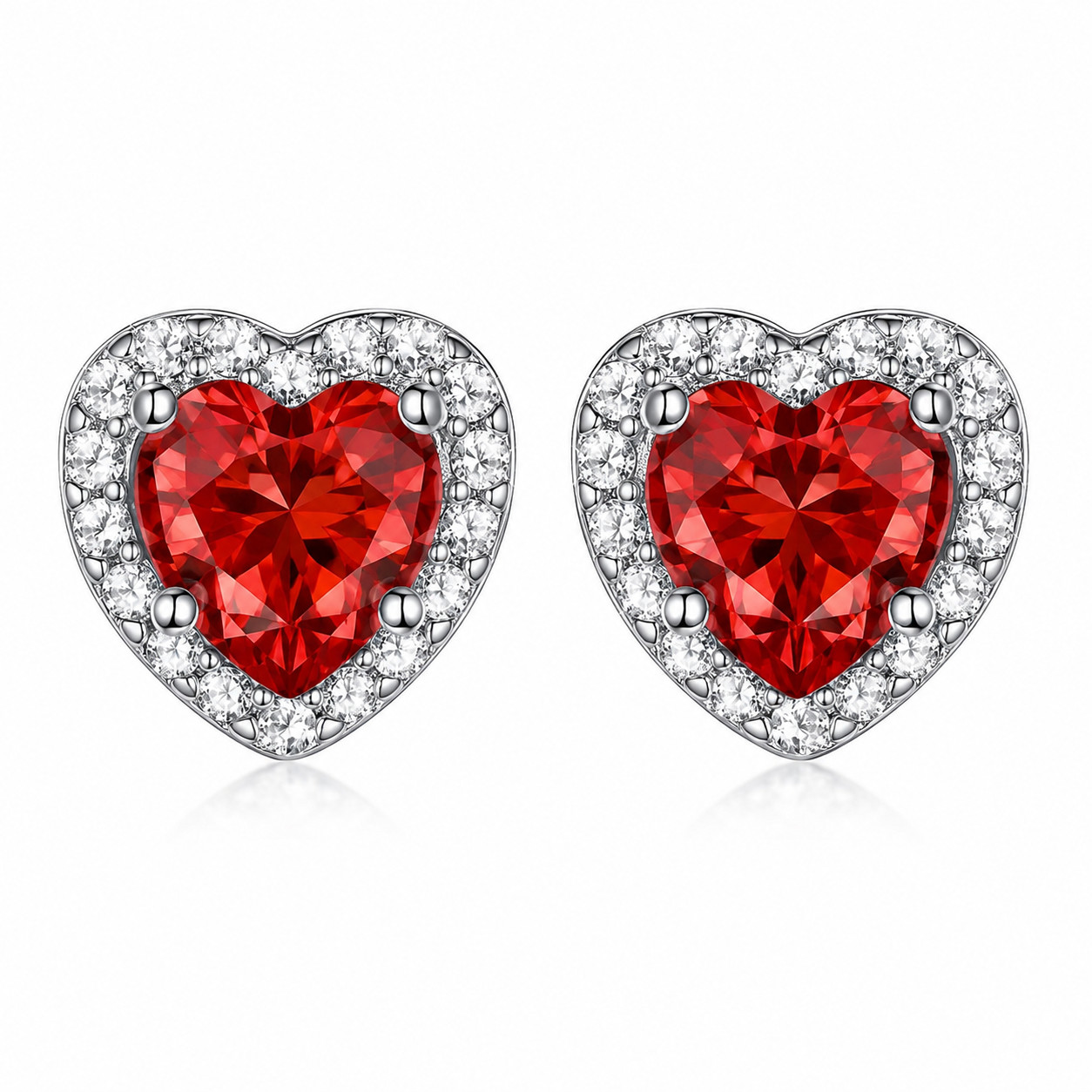 Heart Red Simulated Ruby Halo Stud Earrings 925 Silver White Gold Plated