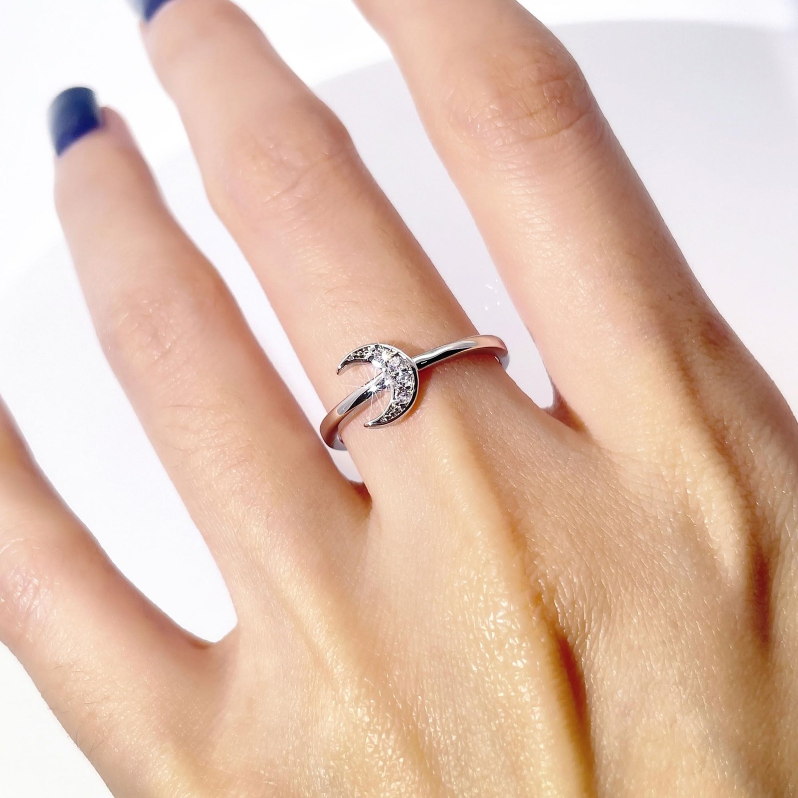 18K Gold Crescent Moon Ring, CZ Stackable Minimalist Promise Jewelry for Women