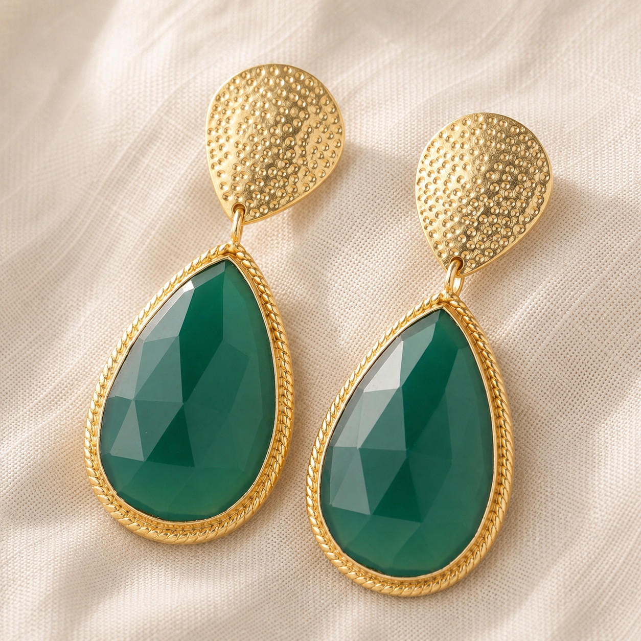 Green Onyx Dangle Drop Gold Plated Brass Earrings, Women Jewelry Gift ER-1
