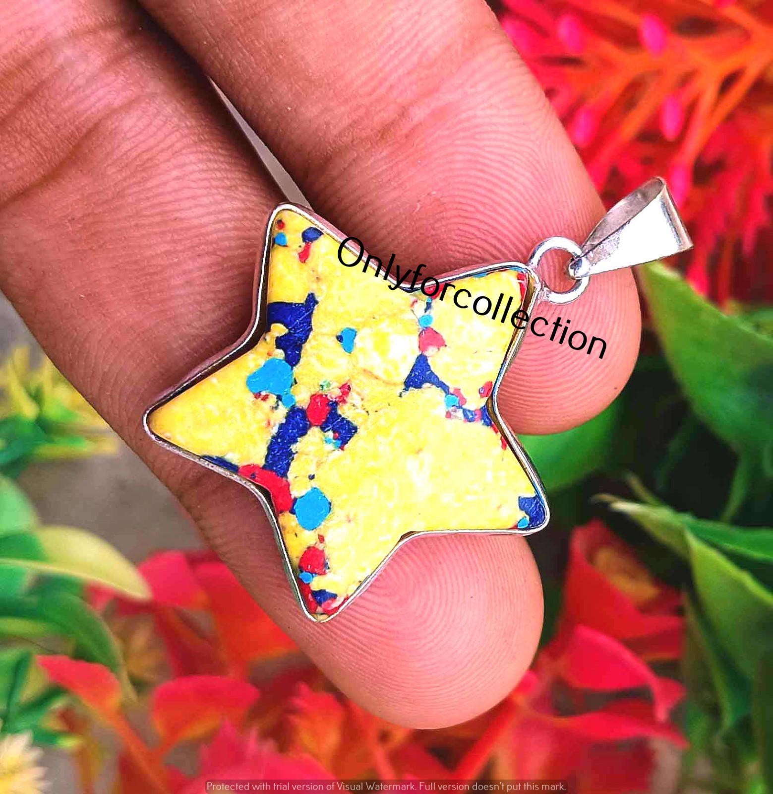 Mosaic Jasper stone Yellow Star Pendant 925 Sterling Silver Plated Gift for Her