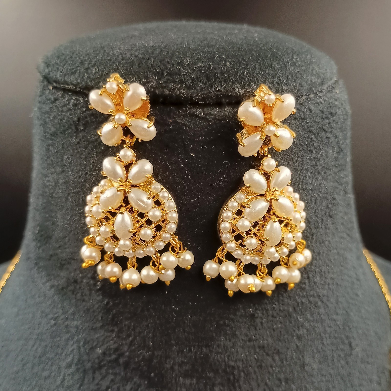 Vintage White Pearl Necklace Set 22K Gold Plated Chain Earrings Bridal Gift