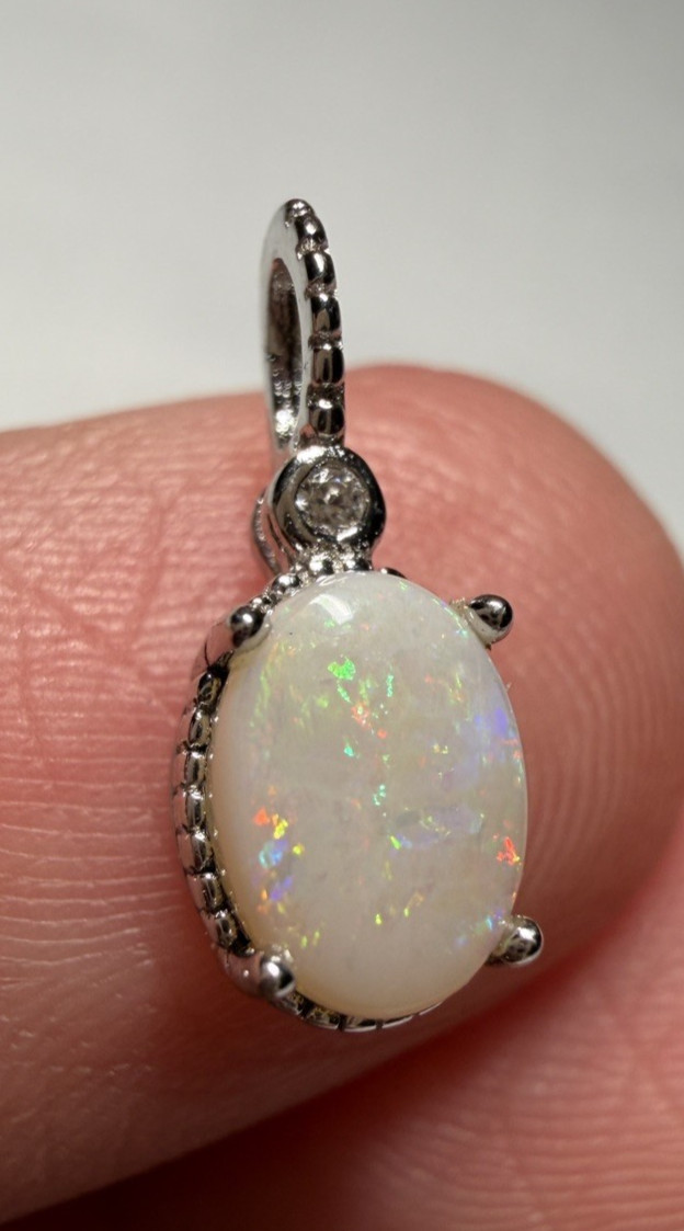 Solid Opal Pendant Silver Rainbow Fire Vintage style Everyday Luxury #0164