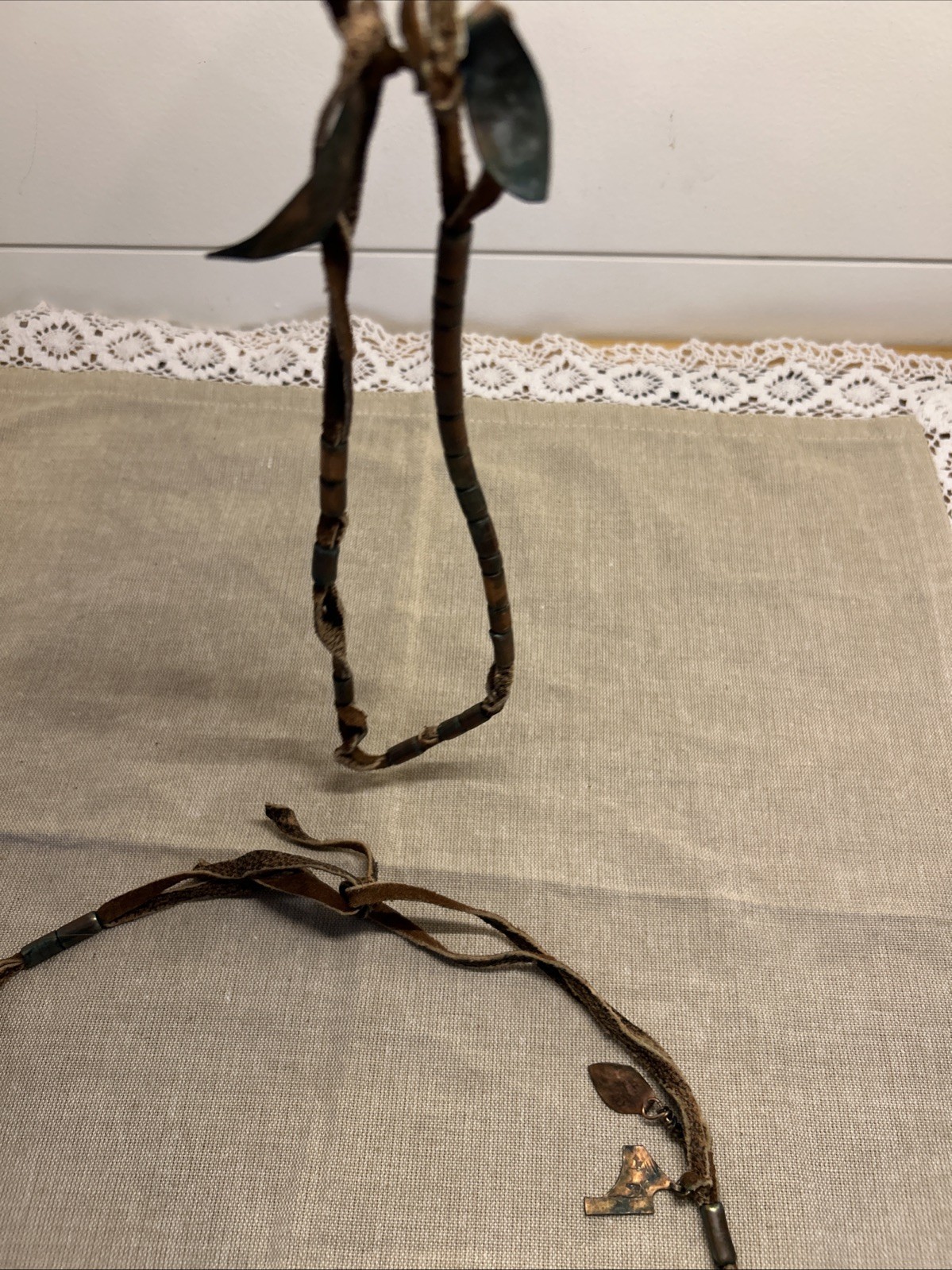 Set of Two Boho Tribal Style Necklaces Leather Cord Copper Metal Charms Beads
