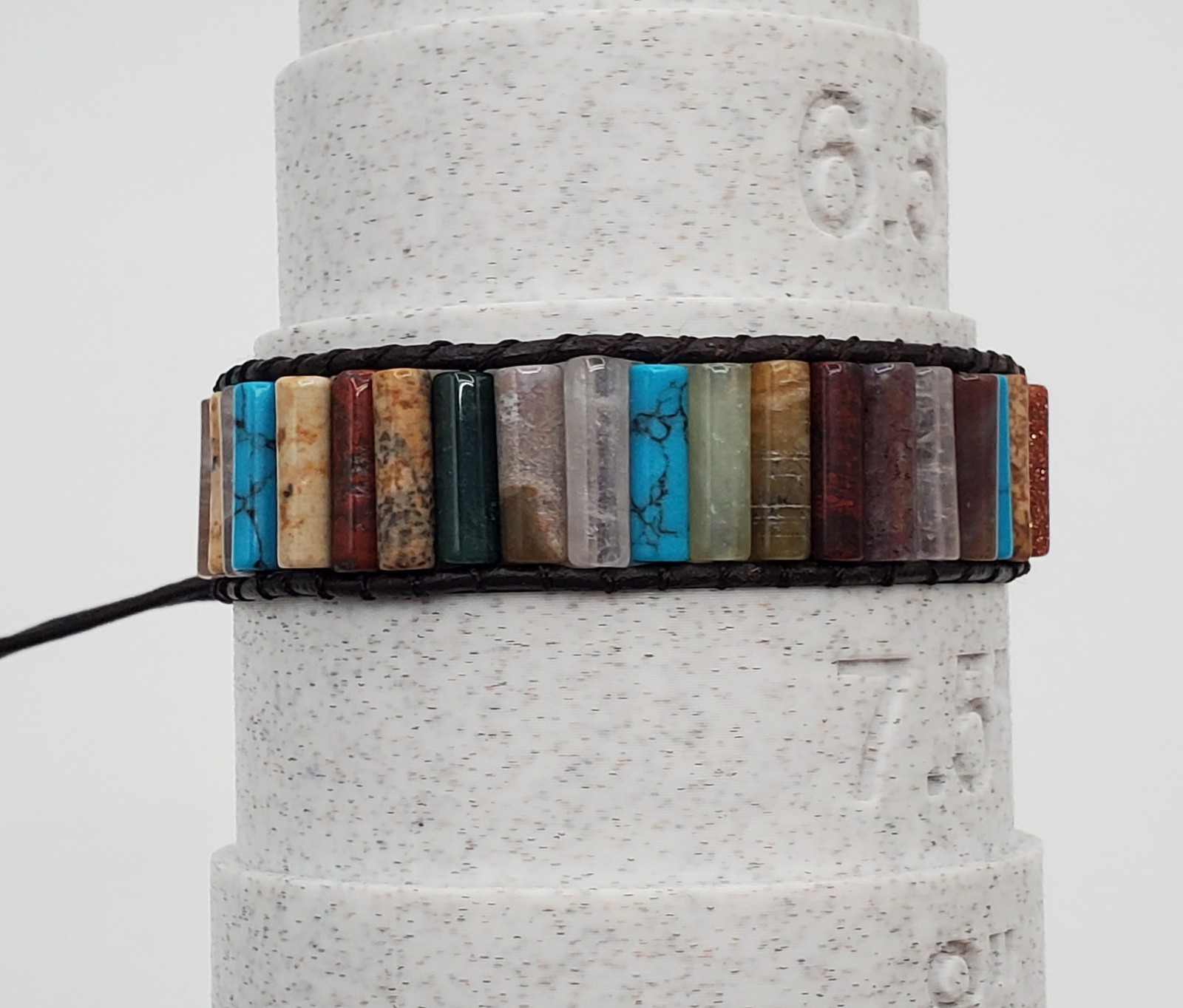 Southwest Stone Leather Wrap Bracelet 7in or 8in Unisex Multicolor Tube Beads