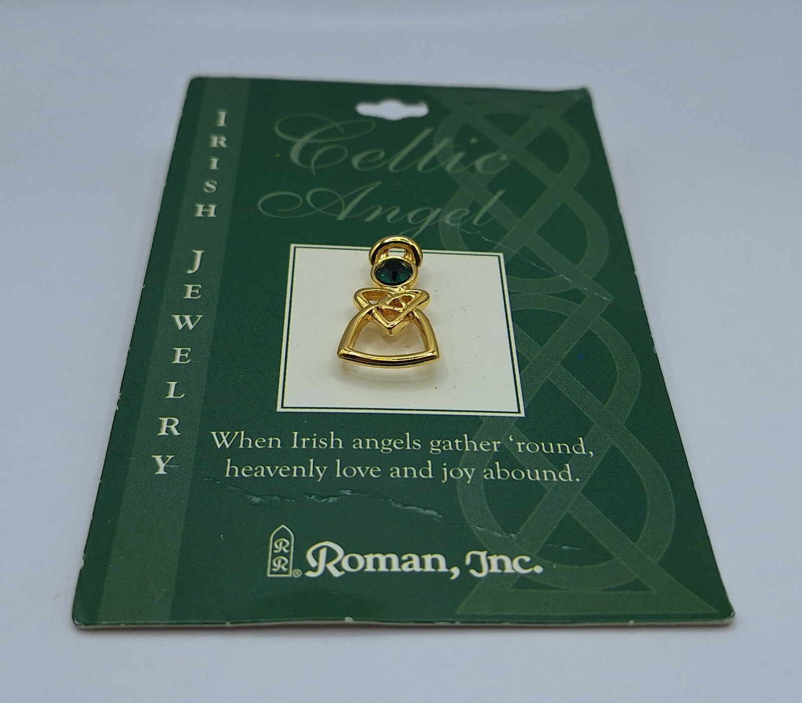 Roman Inc. Celtic Angel Irish Jewelry Pin Green Emerald Celtic Knot Angel NEW