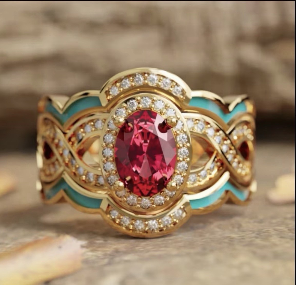Gold Tone Blue Enamel Band Prong Set Oval Pink Stone Cocktail Ring Size 7