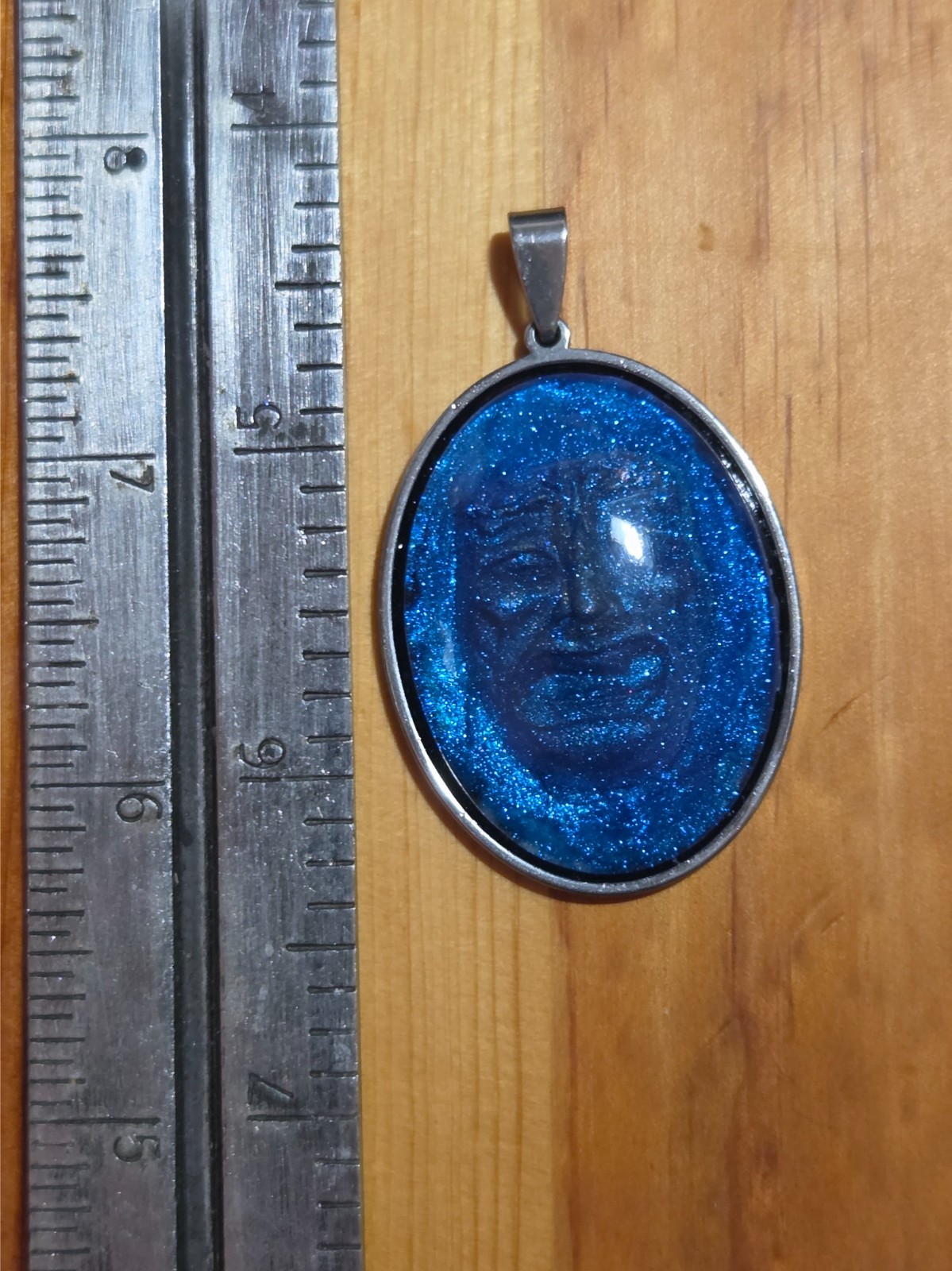 Handmade Blue Resin Face Pendant – Glitter Cabochon in Stainless Oval Setting
