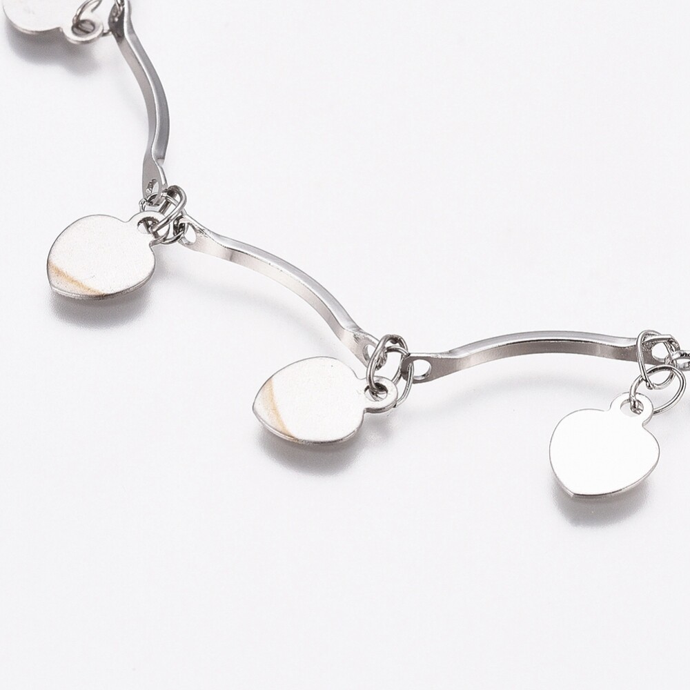 Stainless Steel Heart Charm Bracelet Bar Bracelet Lobster Silver 7.6″ Z86
