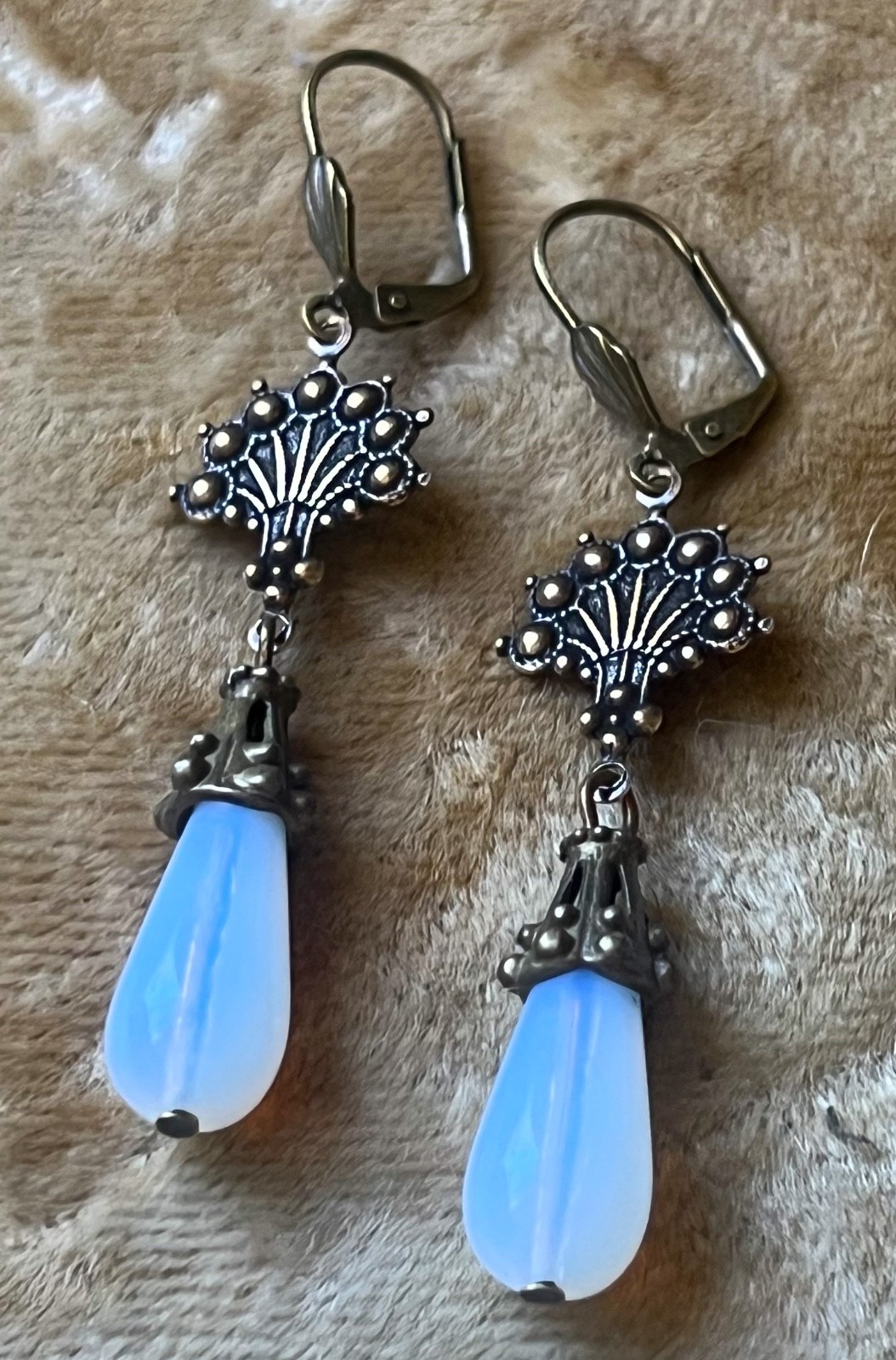 Art Nouveau Earrings Brass Filigrees Antique Opalite Czech Glass Drops