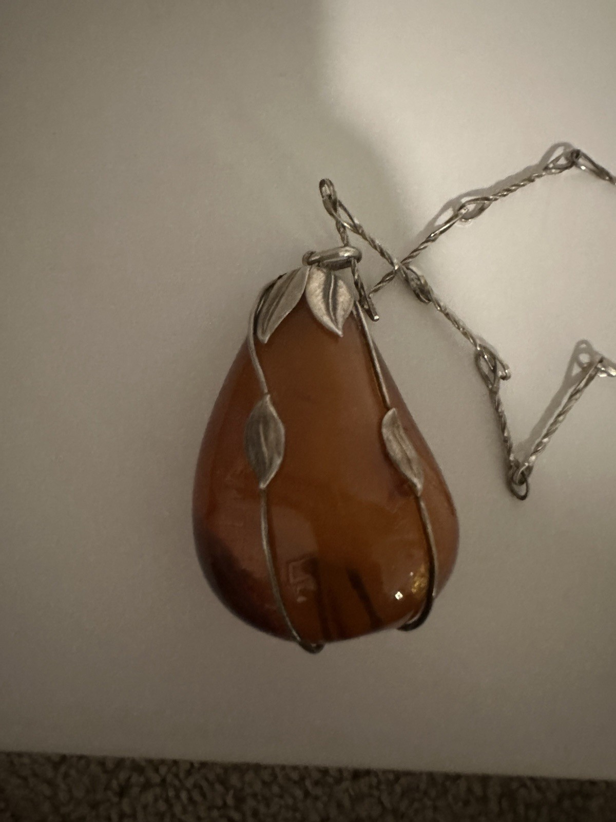 Silver Tone Link Chain Necklace, Amber Teardrop Pendant Wire Setting