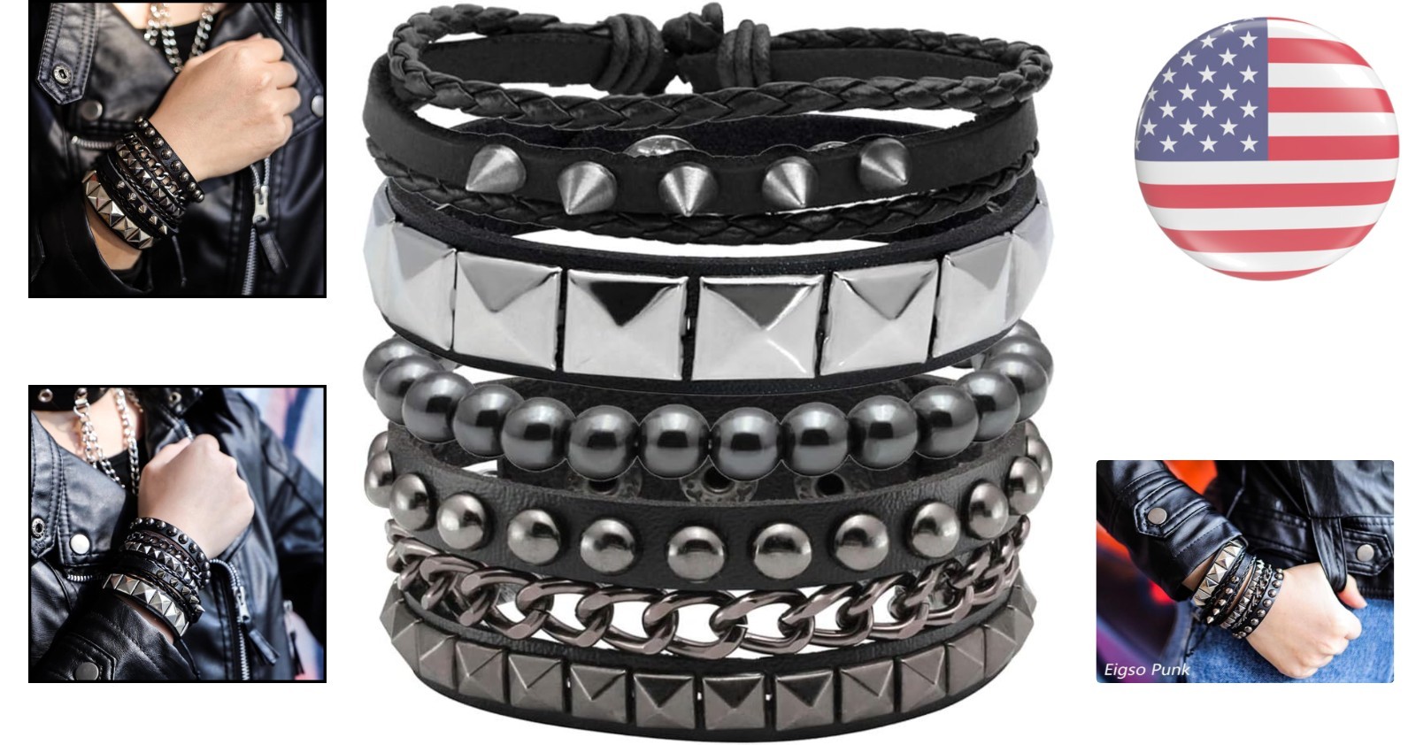 Handcrafted Punk Rock Leather Cuff Bracelets – 4pcs Unisex Set for All Occasions