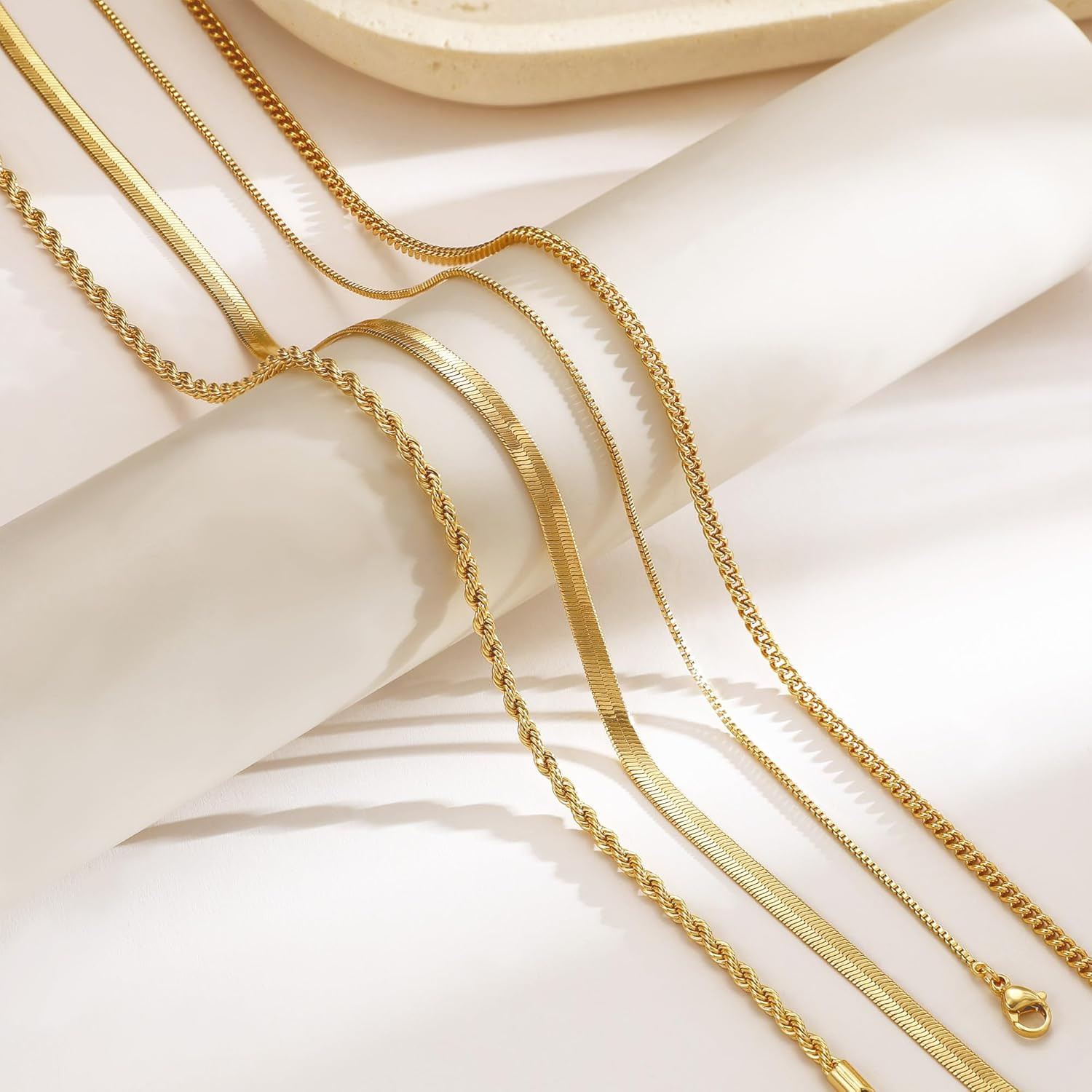 Layered Necklaces for Women Non Tarnish- Chunky 14K Gold Plated Herringbone/Snak