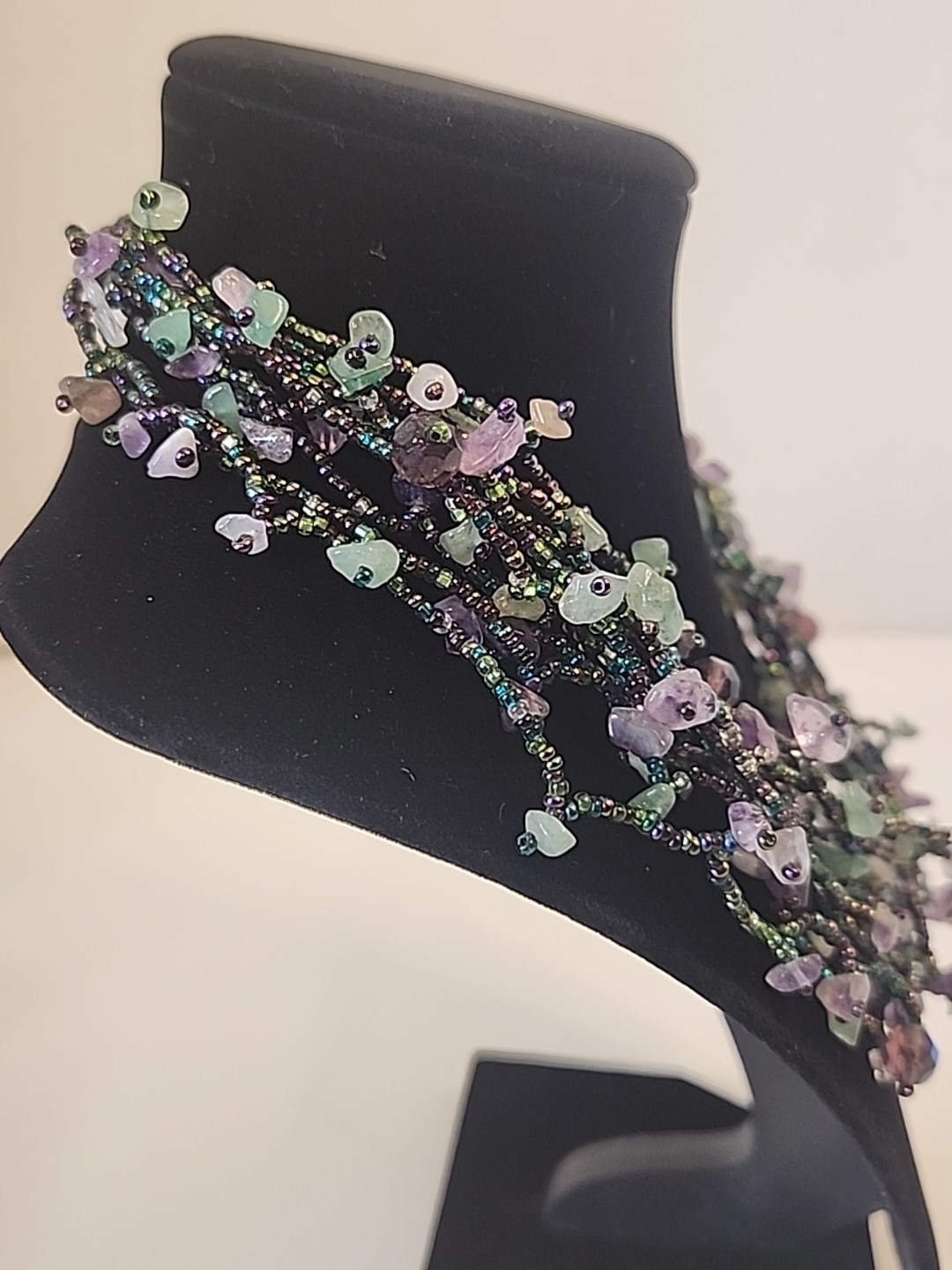 Multi-strand Semi-precious Stone Chips & Glass Seed Bead Statement Necklace 19″