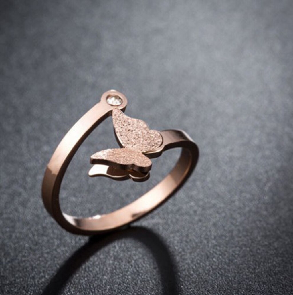 Women / Girl Gold Plated CZ Butterfly Adjust Titanium Stainless Steel Open Ring