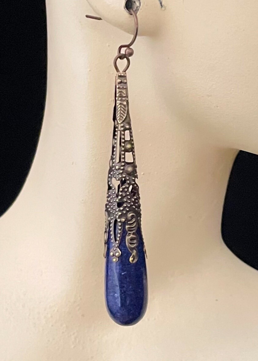 Lapis Lazuli Earrings Long Filigree Drops Art Nouveau Jewelry