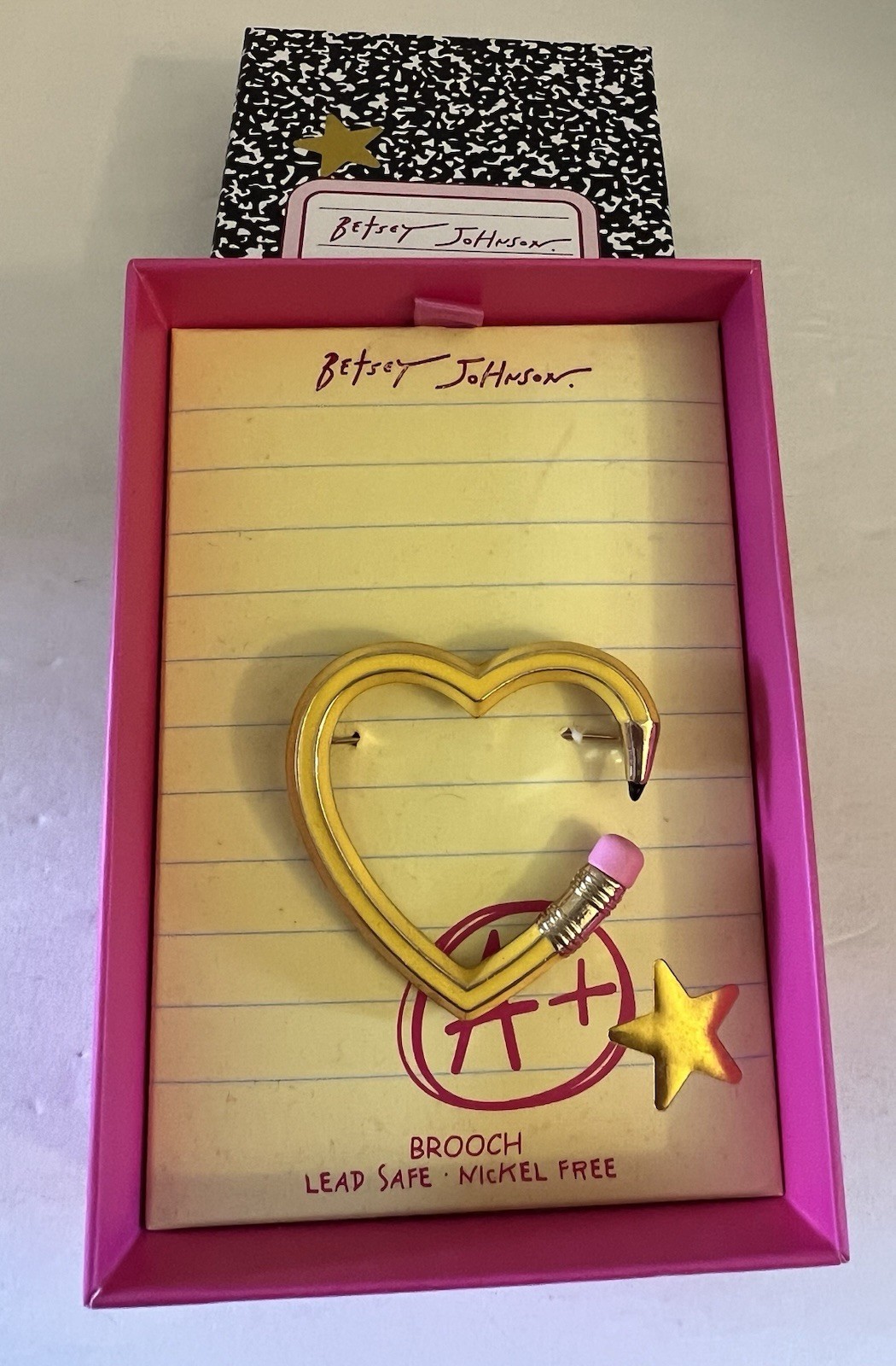 Betsey Johnson Brooch Heart Pencil Yellow With Star Accent NWT With Box
