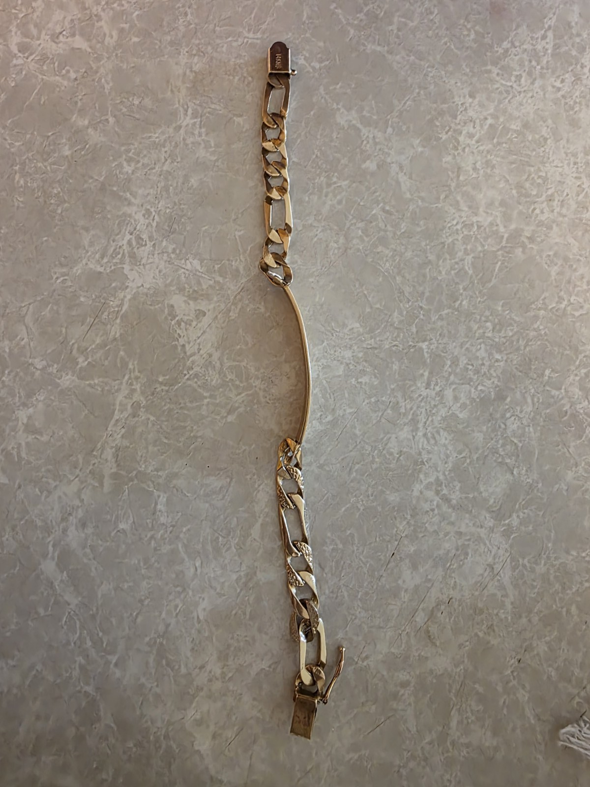 Gold Tone Figaro Chain ID Plate Bracelet, Lobster Clasp, Signed, 12 in