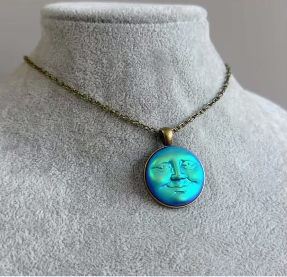 Glass Moon Face Pendant Necklace Blue Teal Purple Satin Brass Tone Chain