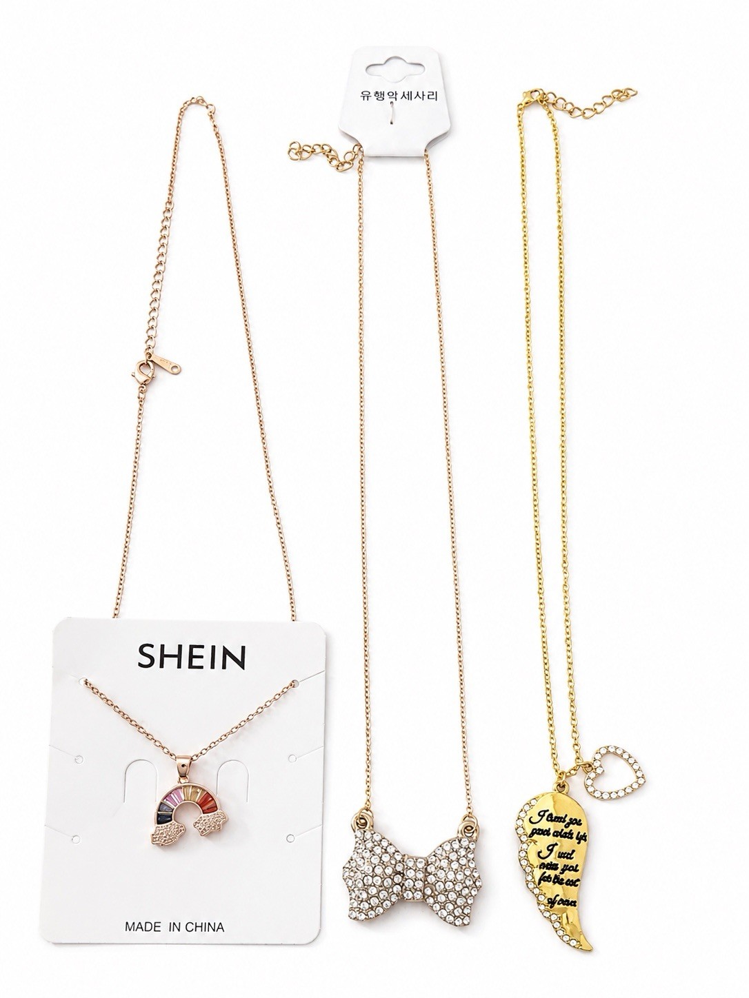 3PCS Gold Tone Pendant Necklace Set Bow Rainbow Angel Wing w/ Gift Box
