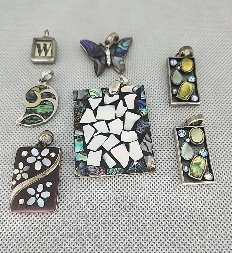 Lot of 7 Pendant Necklace Charms Mixed Materials Glass Rhinestones Etc