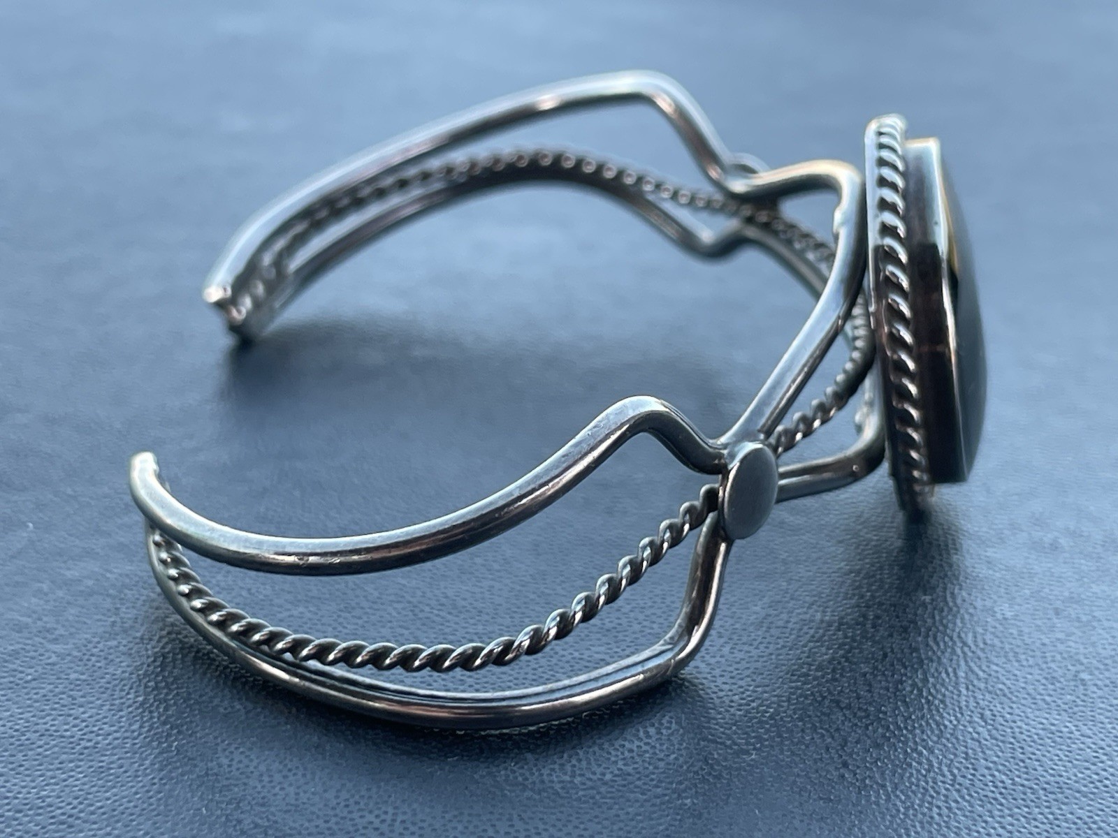 Mexico 925 Sterling Silver Cuff Bracelet Bezel Set Round Black Onyx Stone