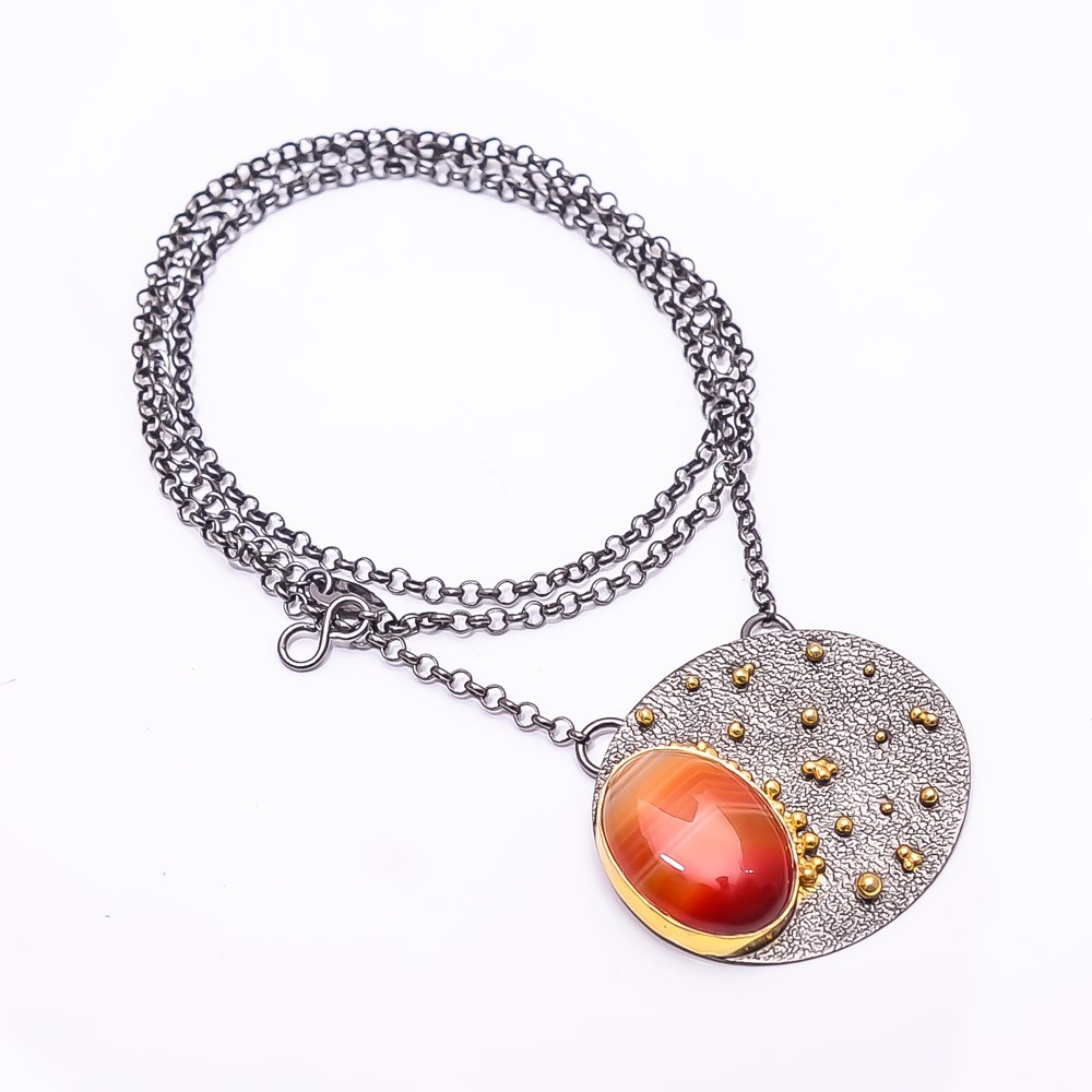 Banded Carnelian Black And Gemstone Gold Rhodium 925 Silver Necklace 19.99″ N35