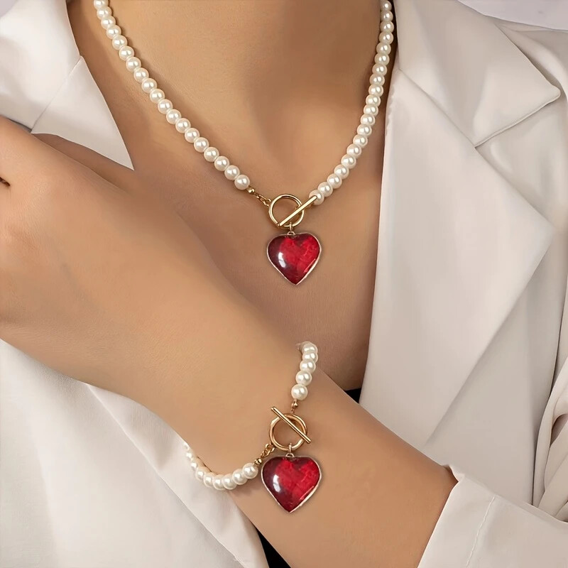 Red Heart Pendant Faux Pearl Necklace and Bracelet Jewelry Set