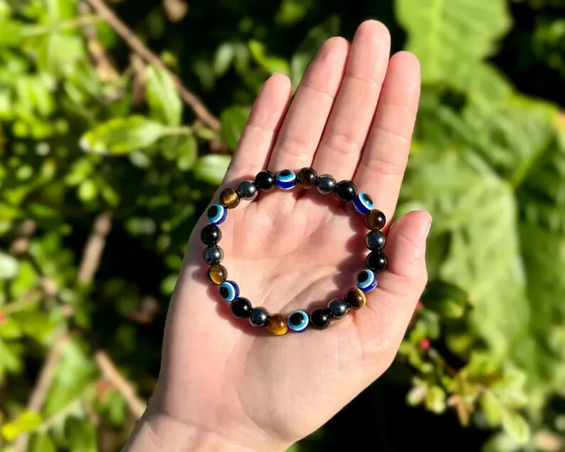 Evil Eye Triple Protection Bracelet – Gold Tiger Eye, Black Obsidian, & Hematite