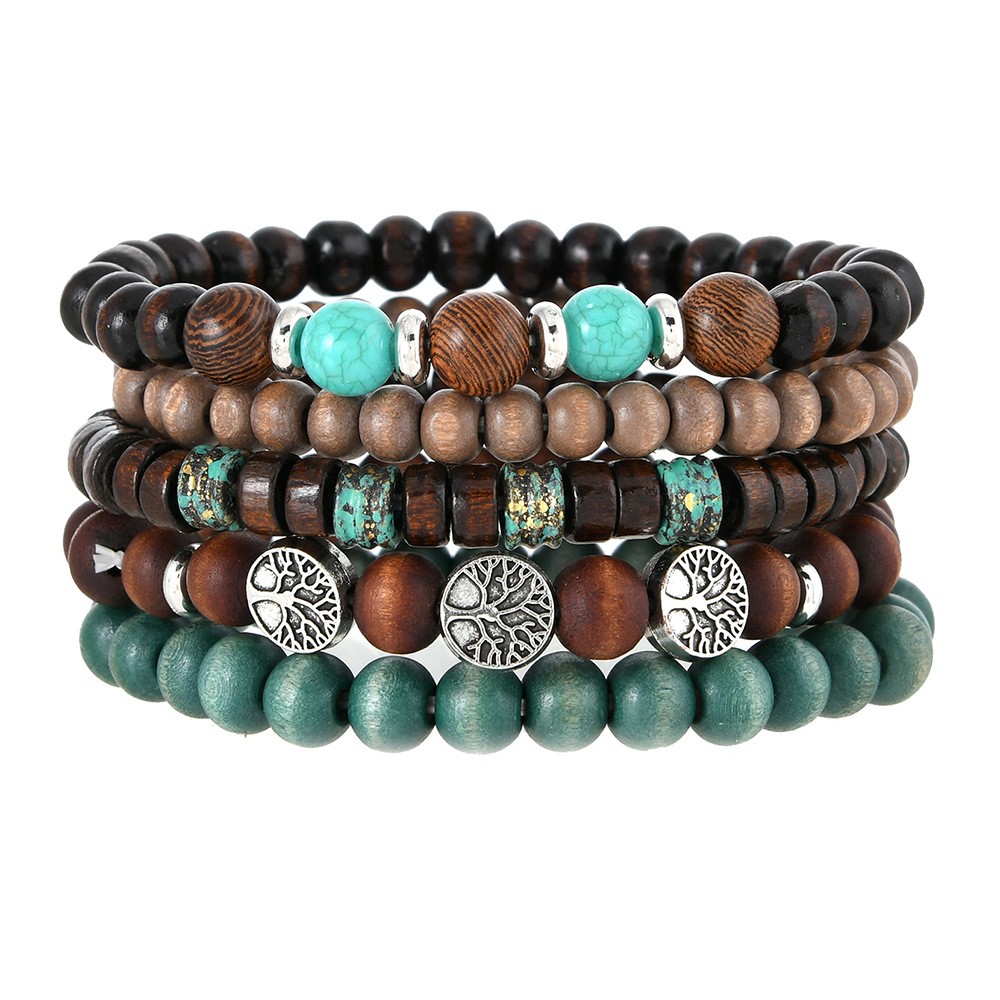 Vintage Men’s Wood Beaded Bracelet Turquoise Stone Life Tree Multi Layer