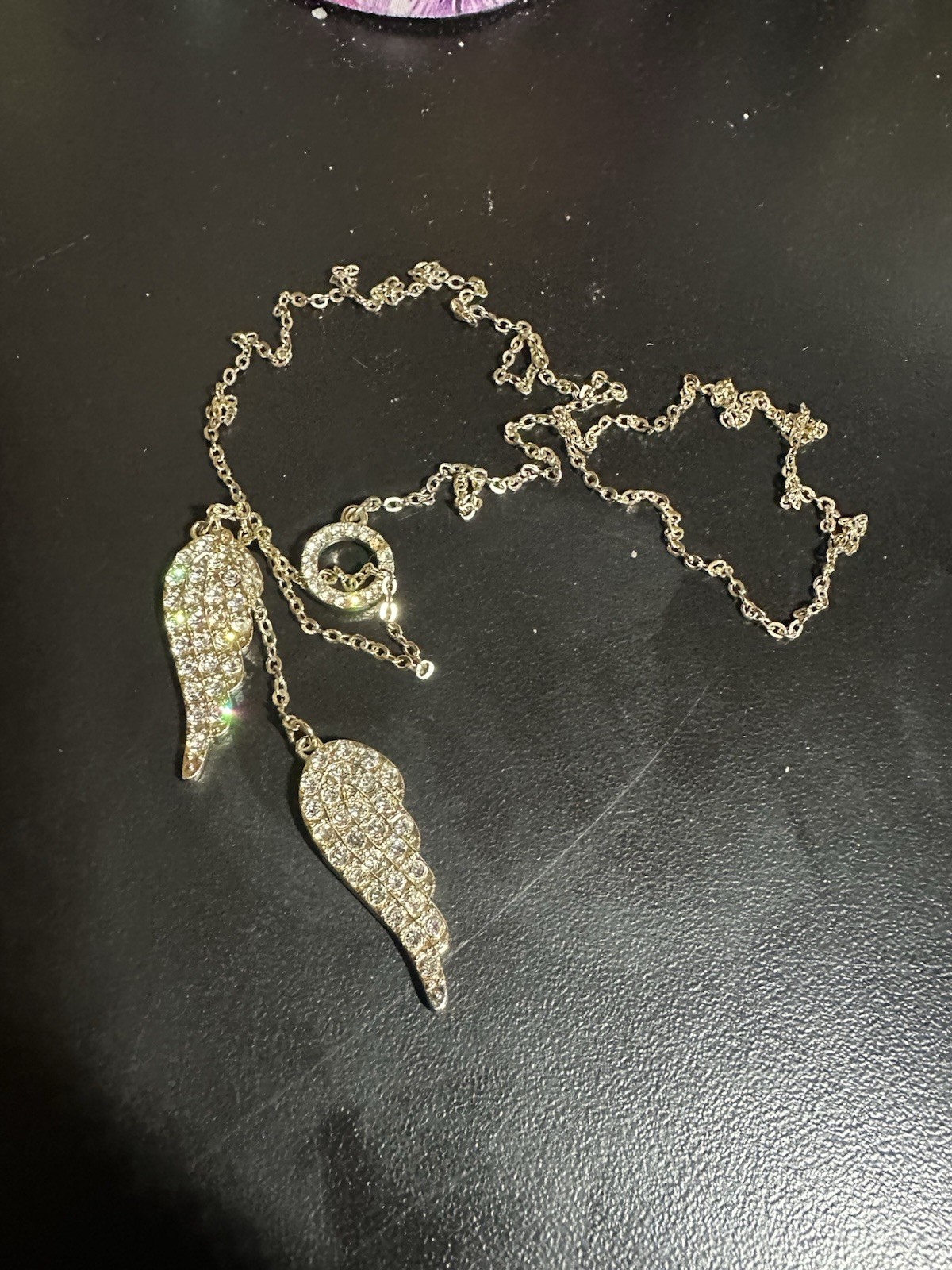 Lot of 2 Crystal Rhinestone Angel Wing Pendant Necklaces, Silver & Gold Tone