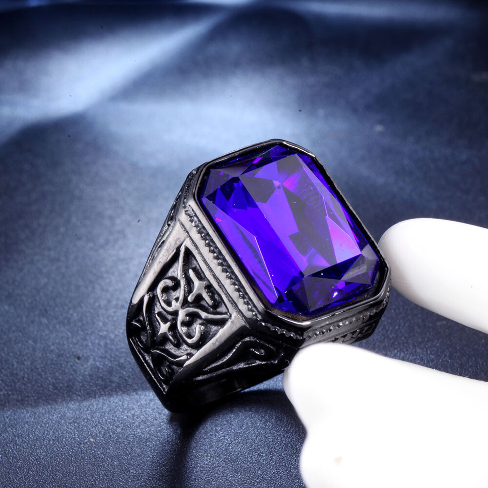 Men Big Stone Ring Stainless Steel Vintage Wedding Promise Cocktail Party Biker