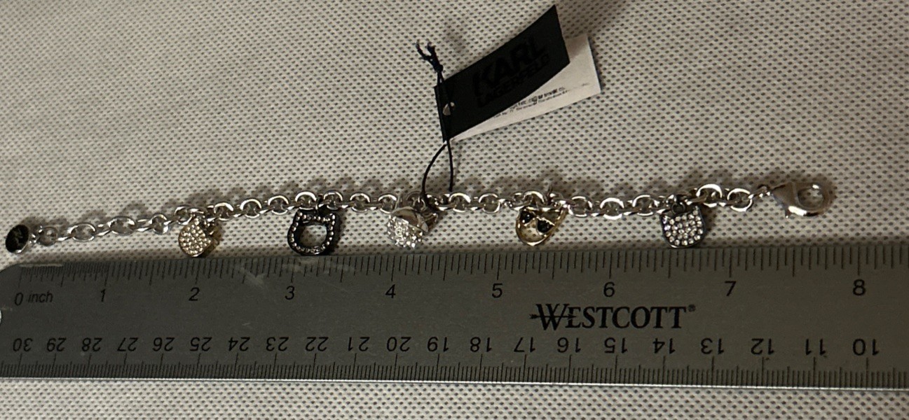 NWT Karl Lagerfeld Silver-Tone Bracelet With Choupette Cat /Charms 8”