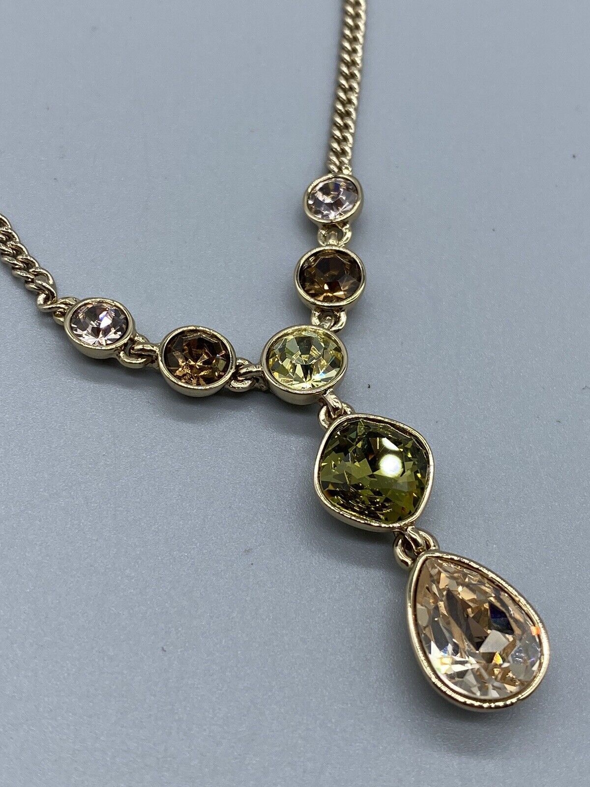 GIVENCHY Gold Tone Yellow Green Brown Multicolor Crystal Lariat Y-Drop Necklace