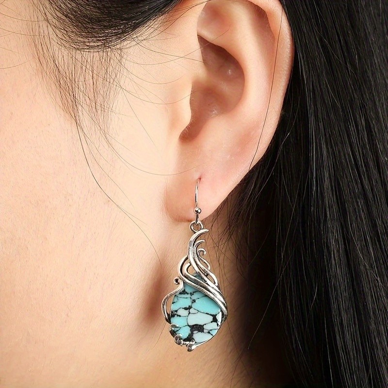 Womens Boho Vintage Silver Plated Teardrop Faux Turquoise Dangle Drop Earrings