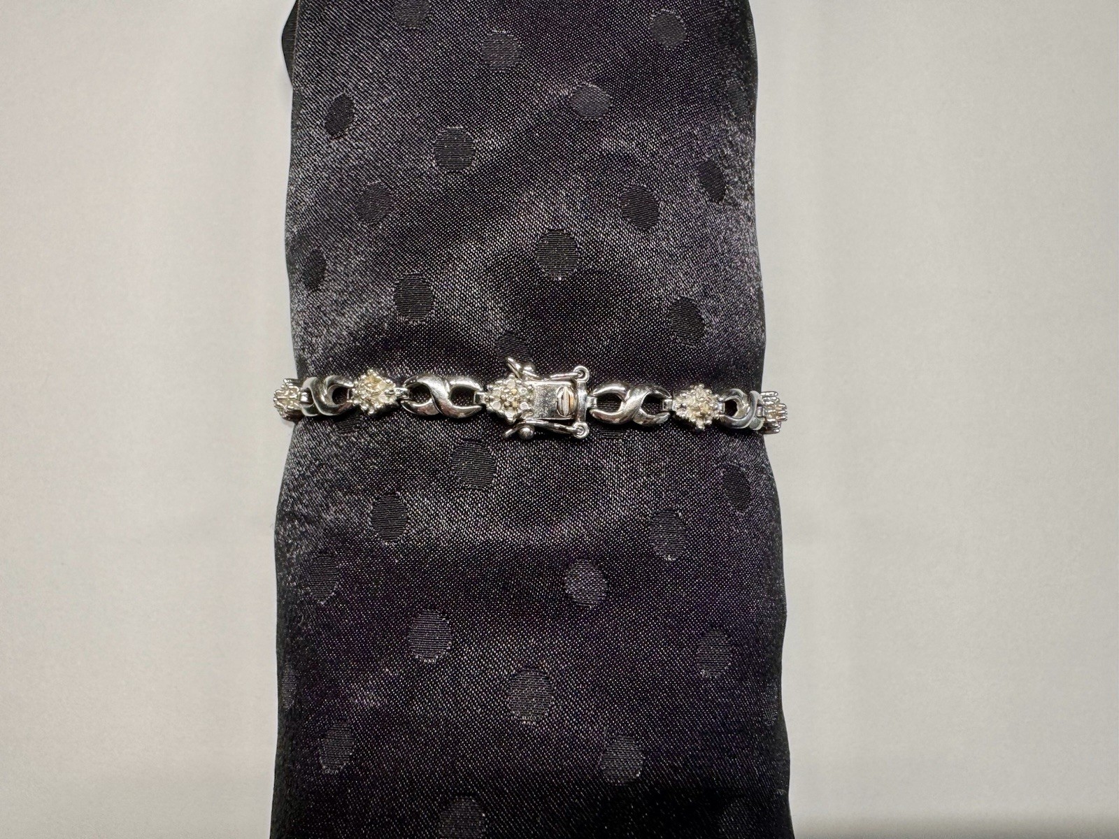 PAJ BB Silver Tone Rhinestone Link Bracelet Clear Crystal Box Clasp 7.5”