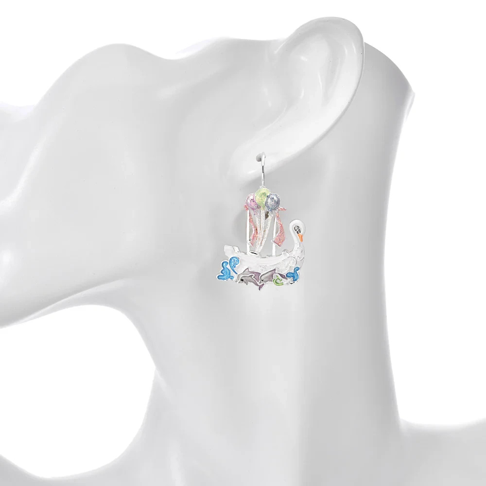 Kirks Folly Enchanted Swan Boat Ship of Dreams & Dolphins Leverback Earrings ST