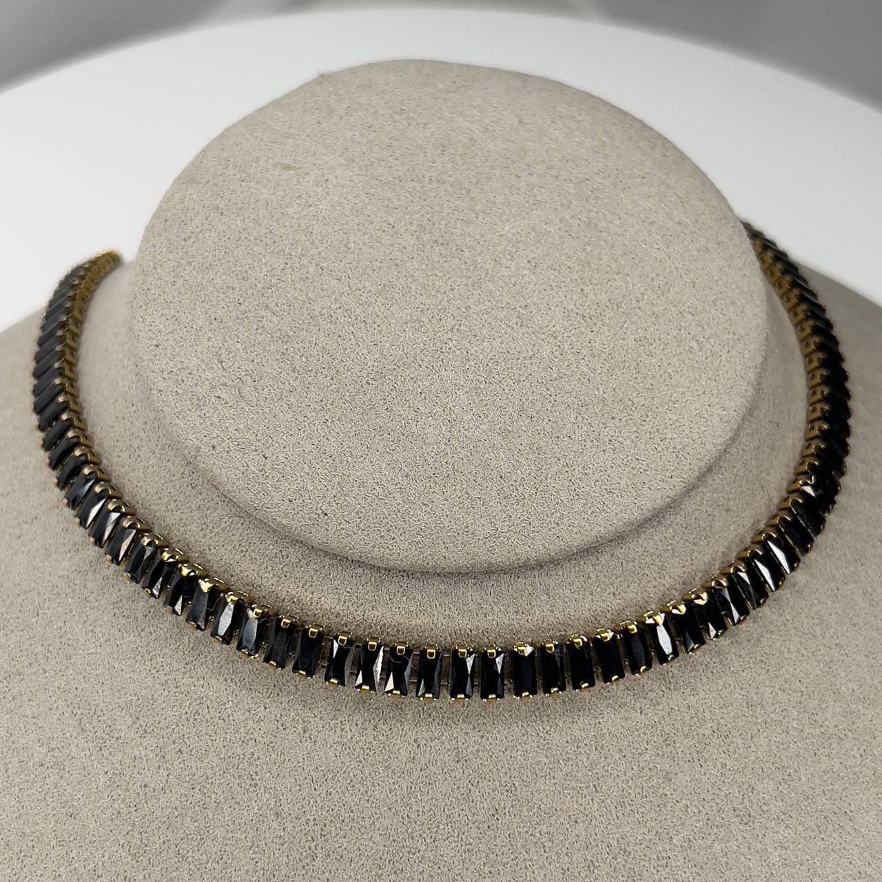 Gold Baguette Tennis Necklace Black Crystal Stainless Steel Choker Necklace