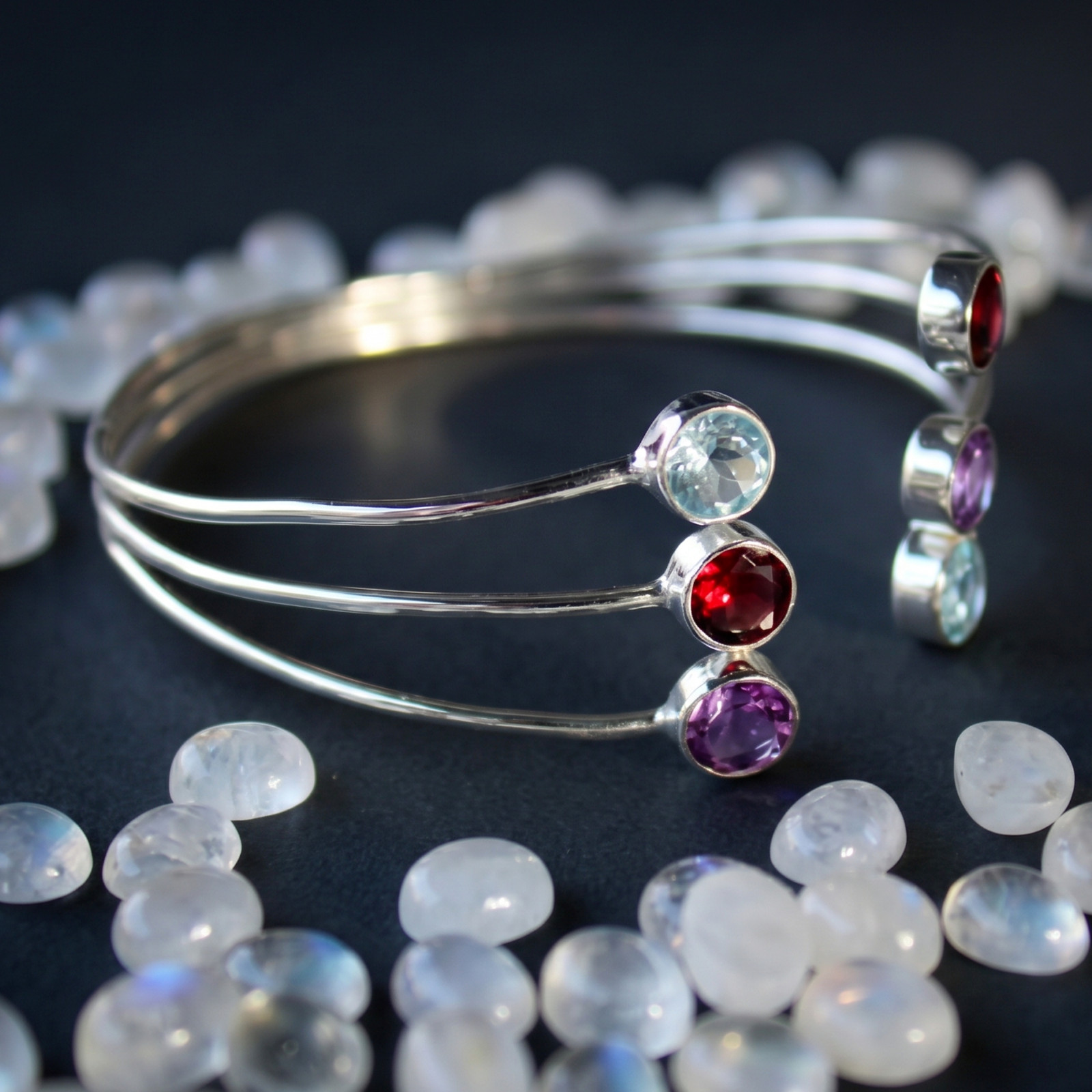 925 Sterling Silver Triple Raw Natural Gemstone Cuff Bracelet, Multi Stone Jewel