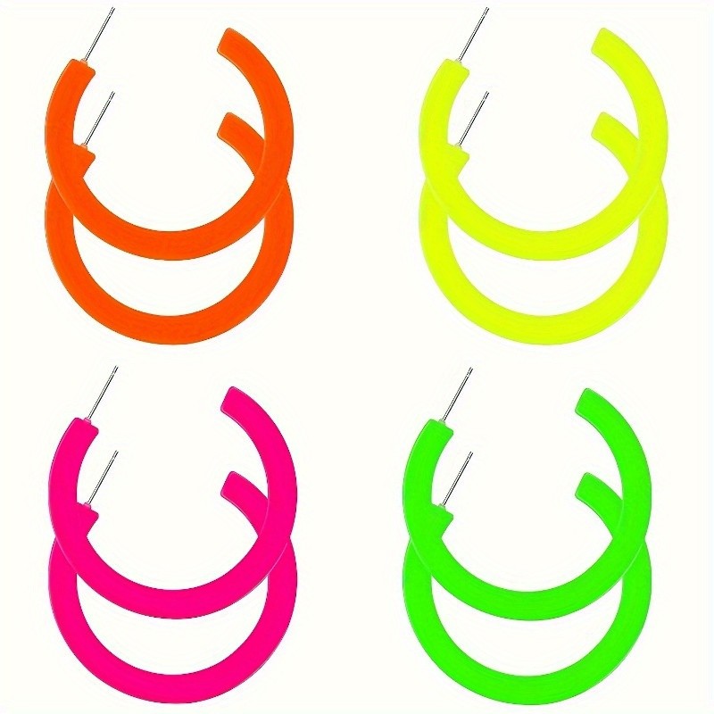 4 Pairs of Retro 80s/90s Fluorescent Neon-themed Acrylic C-shaped Earrings