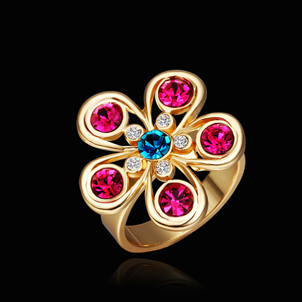 18K Gold Blue Pink Zirconia Flower Band Ring Size 8 B117